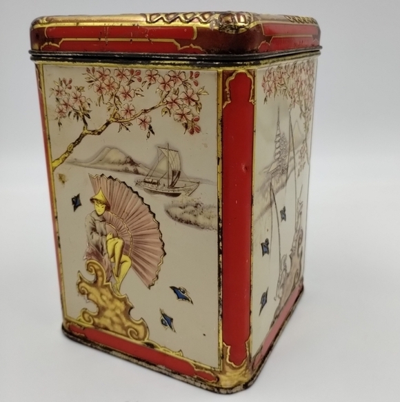 Chinese Oriental Design Tin Hinged Box / Made in Holland Lithograph Vintage - Picture 3 of 13